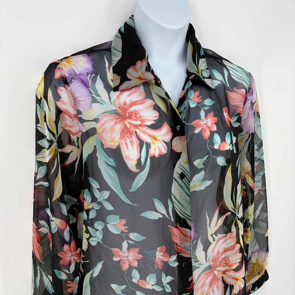 Floral Sheer Blouse Womens L Black Button Down Dark Fairy Whimsigoth Y2K Garden
